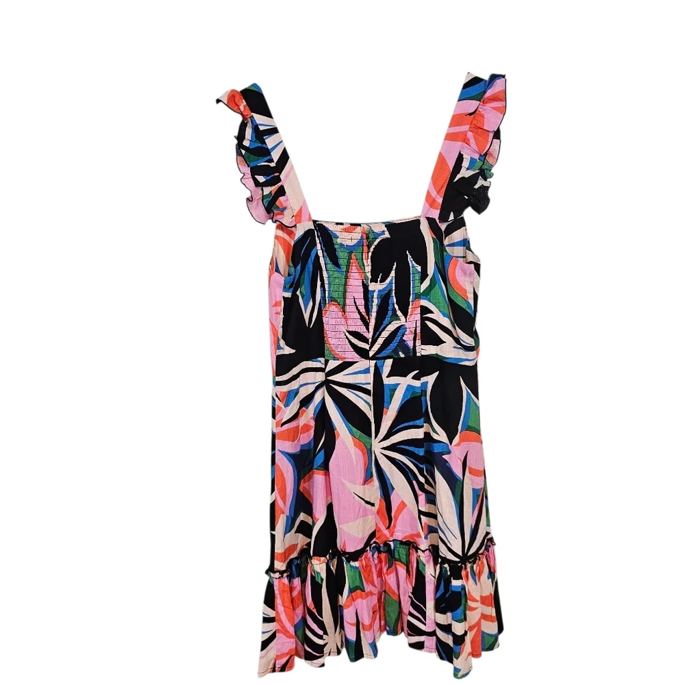 Mister Zimi Flutter Sleeve Zip-Up Mini Tropical Bold Print Ruffle Mini Dress - Picture 2 of 8